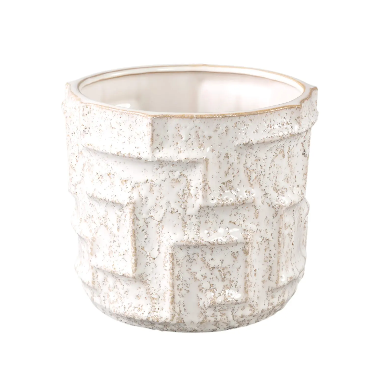 Maceta de cerámica Leni Cream redonda con líneas